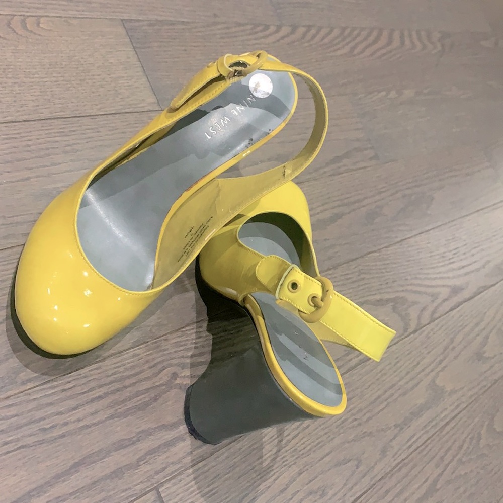 Yellow and Grey block heels.